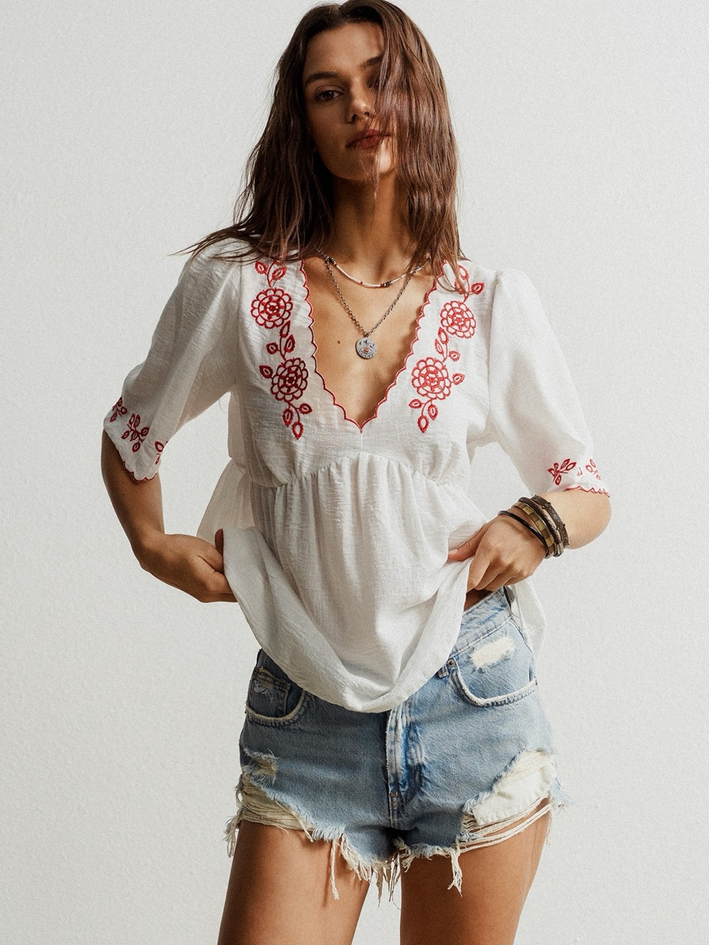 Embroidered Floral V-Neck Blouse